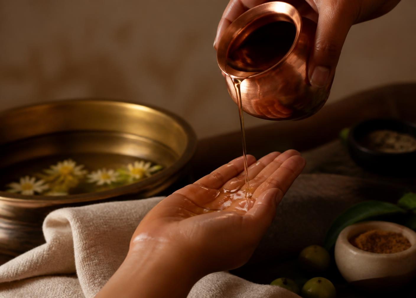 Vaj ayurvedik i ngrohtë që derdhet nga një vazo bakri në pëllëmbë